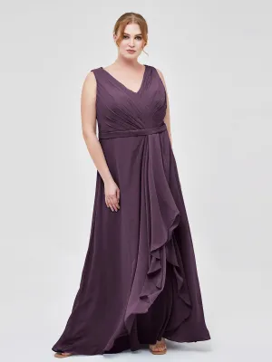 A-line Chiffon Open Back Dress With V-Neck Plum