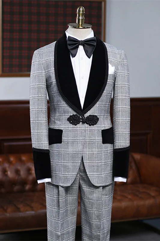 Abbott Elegant Gray Shawl Collar Plaid Groom's Wedding Suit