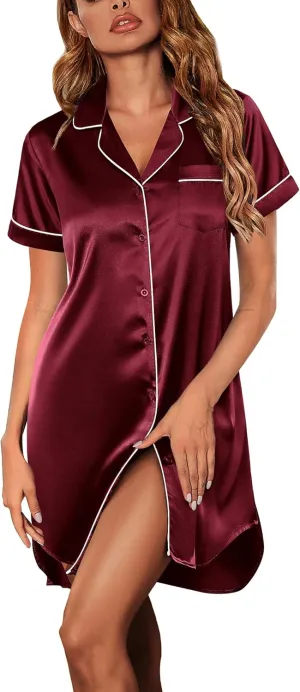 ACEVOG Satin Silk Nightgowns for Women Sleepwear Short Sleeves Sleep Shirts Button Down Nightshirt Sleep Dress