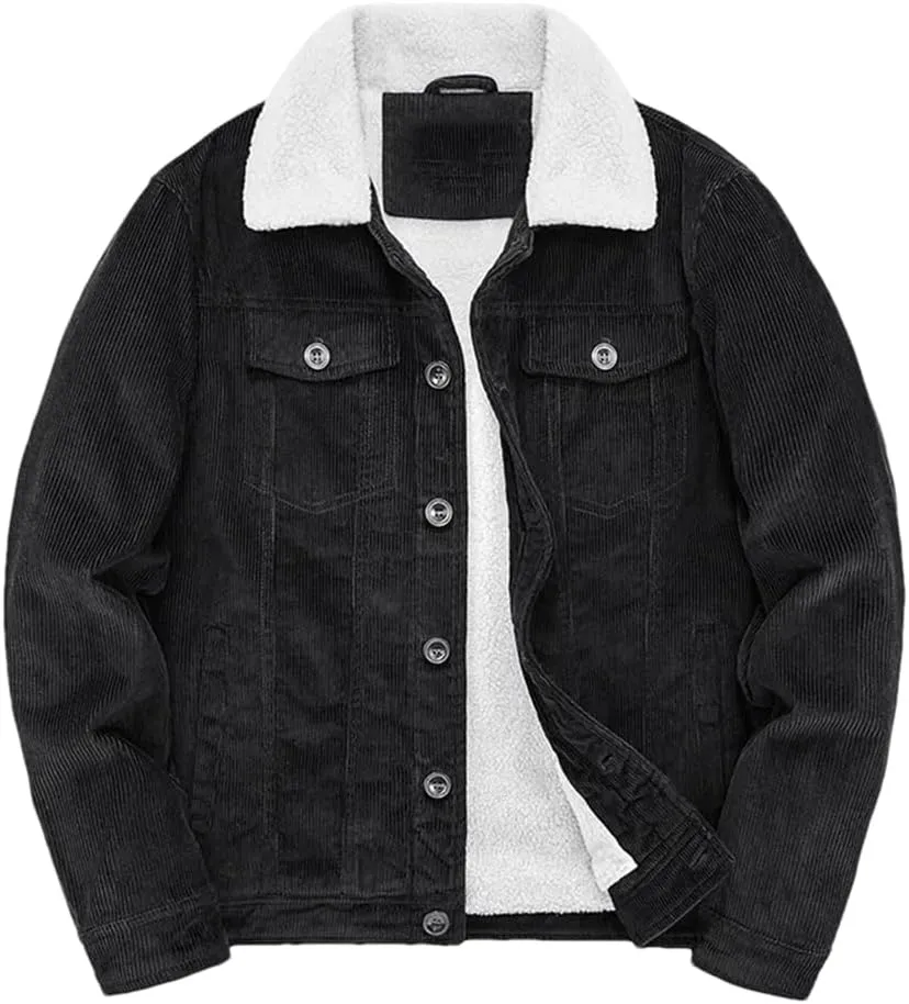 Adhdyuud Male Cotton Padded Warm Jackets Loose Corduroy Short Parka Coat Casual Solid Zip Windbreaker Black L