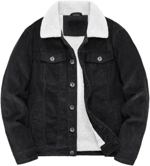 Adhdyuud Male Cotton Padded Warm Jackets Loose Corduroy Short Parka Coat Casual Solid Zip Windbreaker Black L