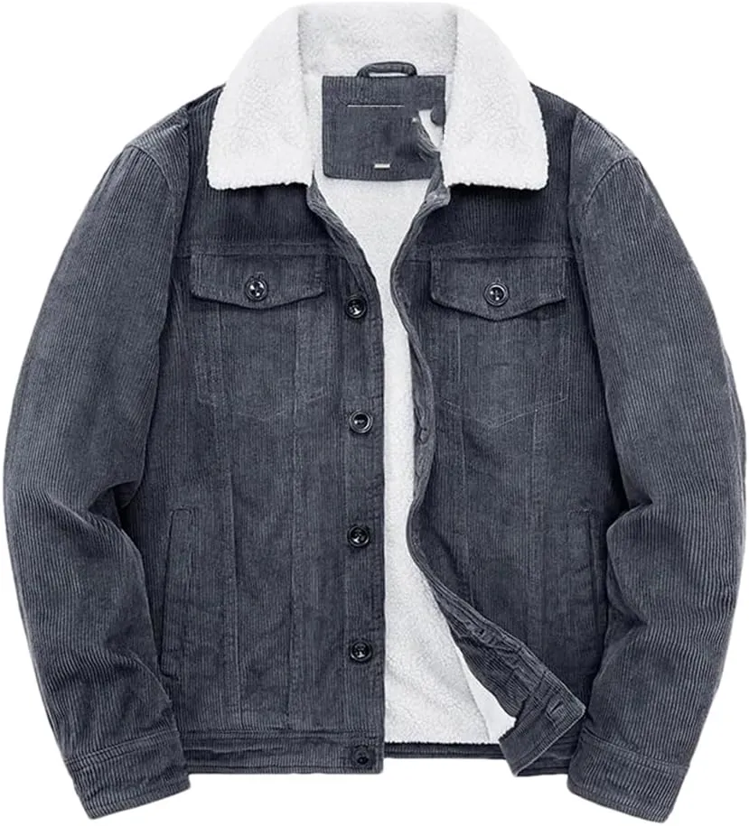 Adhdyuud Male Cotton Padded Warm Jackets Loose Corduroy Short Parka Coat Casual Solid Zip Windbreaker Gray XXL