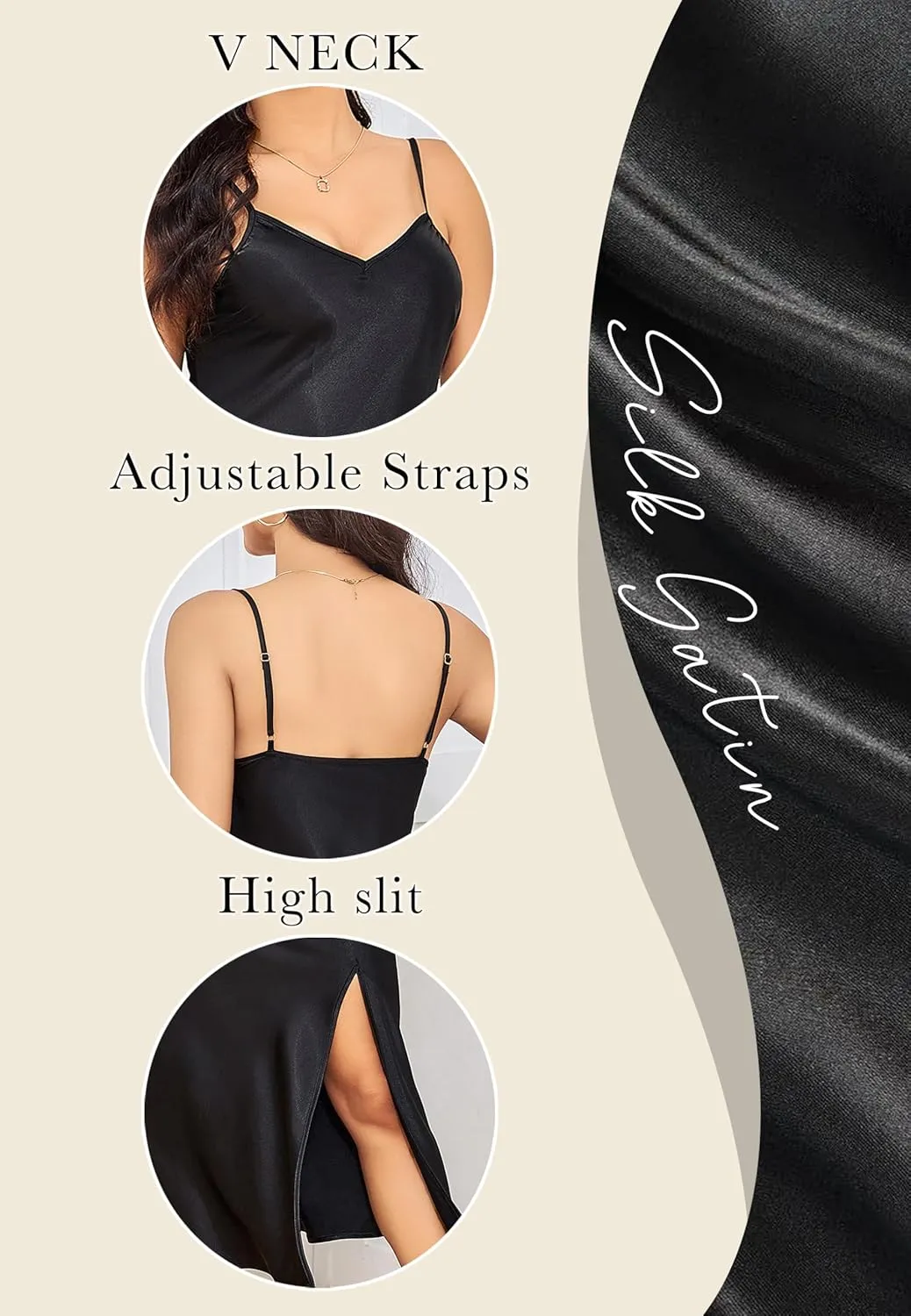 ALCEA ROSEA Women's Long Satin Slip Dress Nightgowns Sexy Lingerie Adjustable Strap Midi Dress Silky Gown V Neck Under Dress