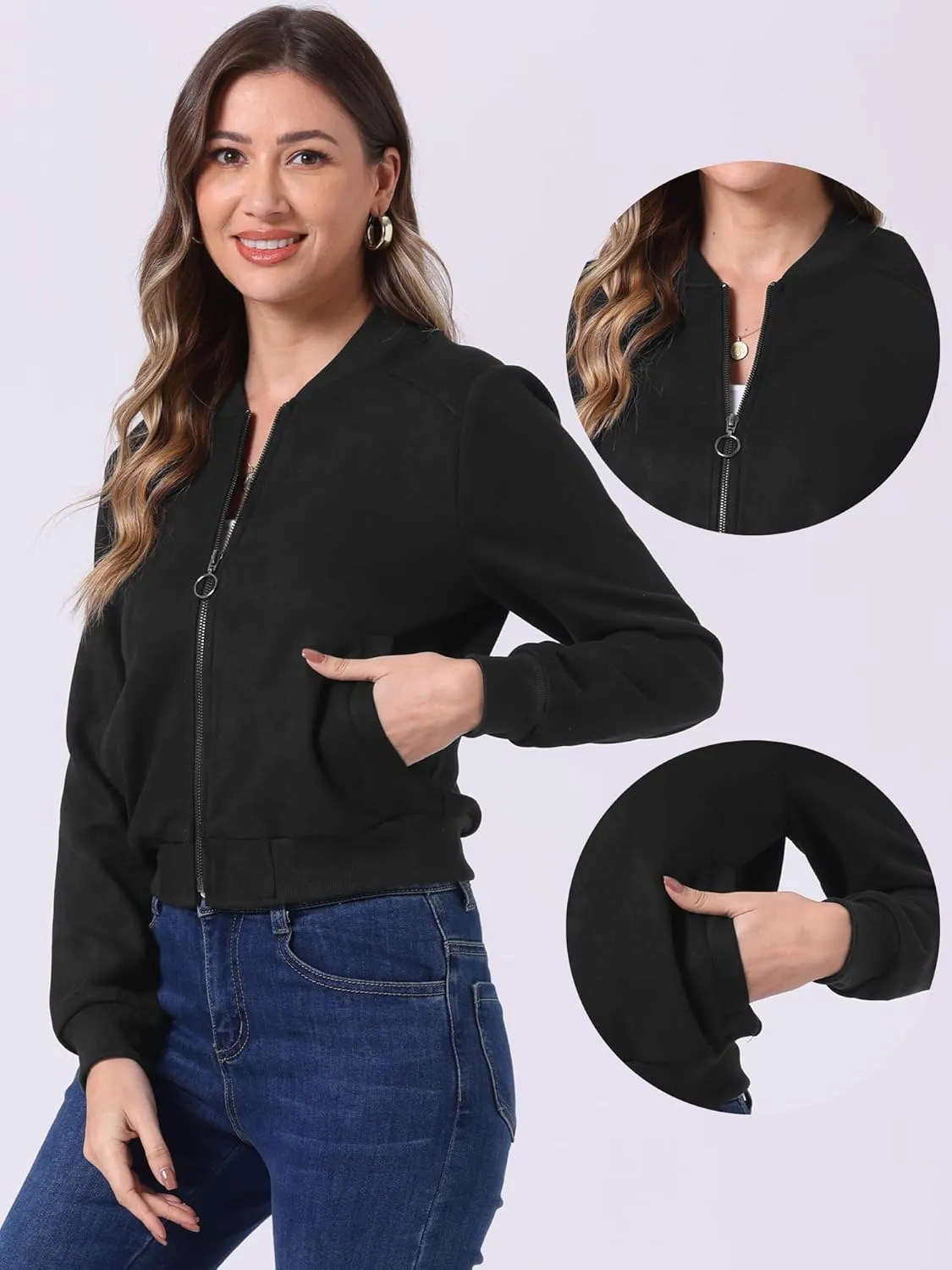 Allegra K Faux Suede Cropped Coat for Women's Stand Collar Zip Up Biker Moto Bomber Jackets