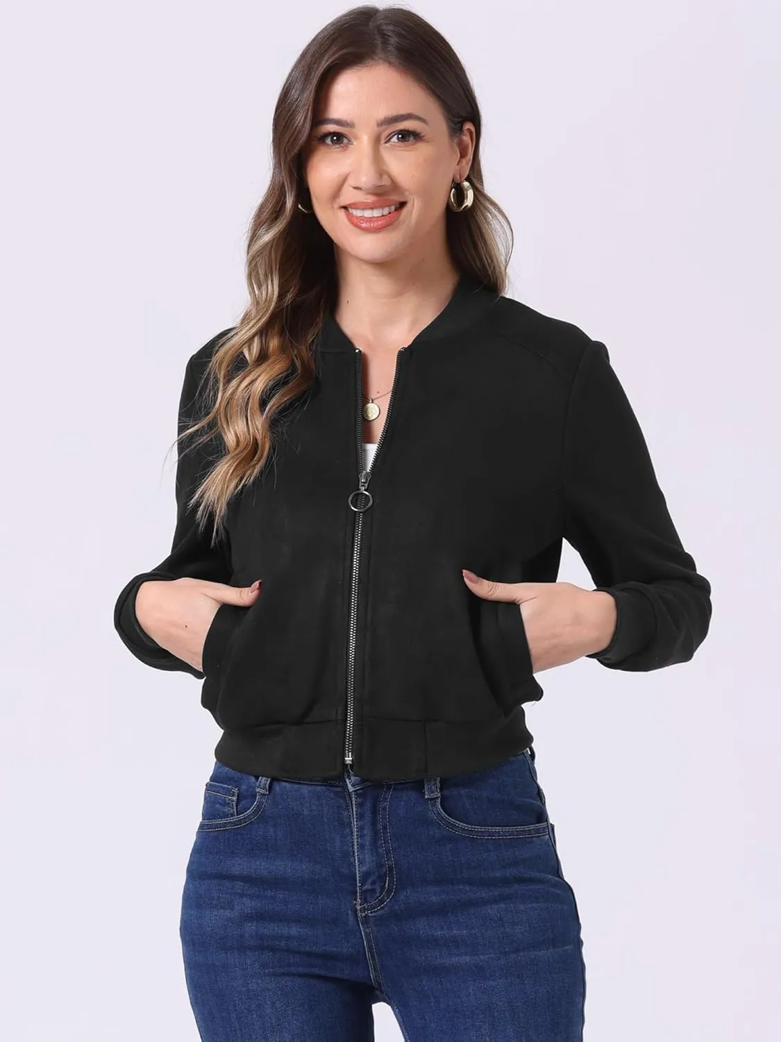 Allegra K Faux Suede Cropped Coat for Women's Stand Collar Zip Up Biker Moto Bomber Jackets