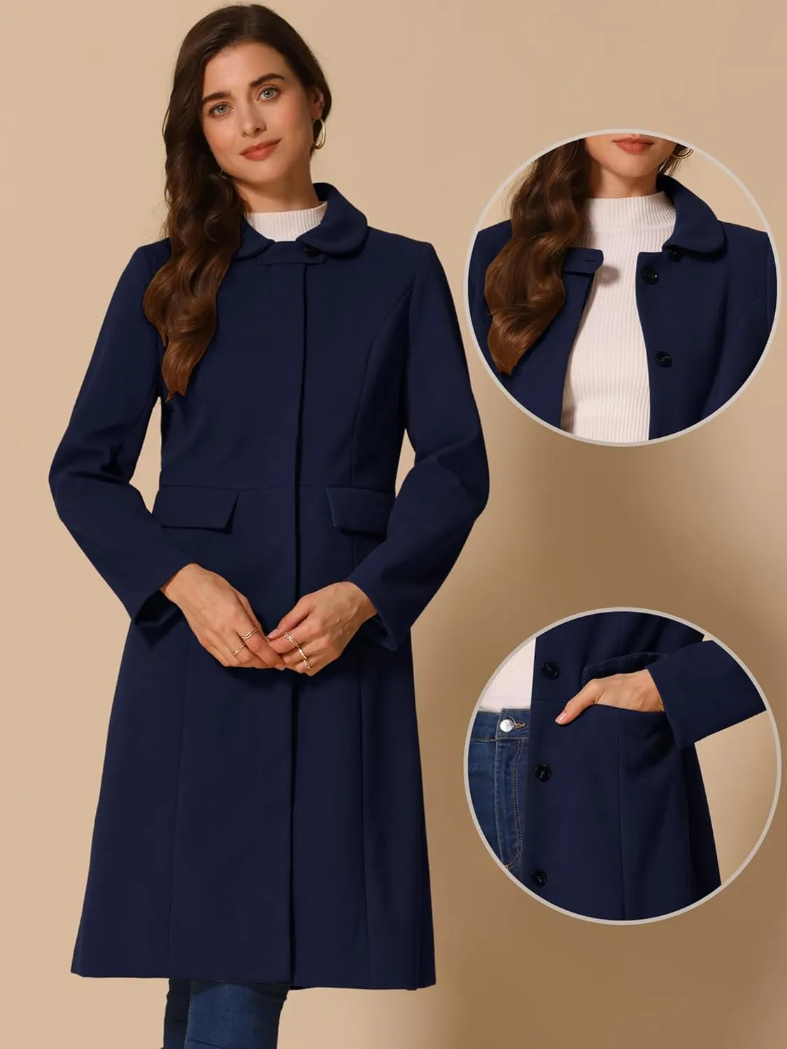 Allegra K Winter Trench Coat for Women's Vintage Peter Pan Collar Single Breasted Long Overcoat Peacoat