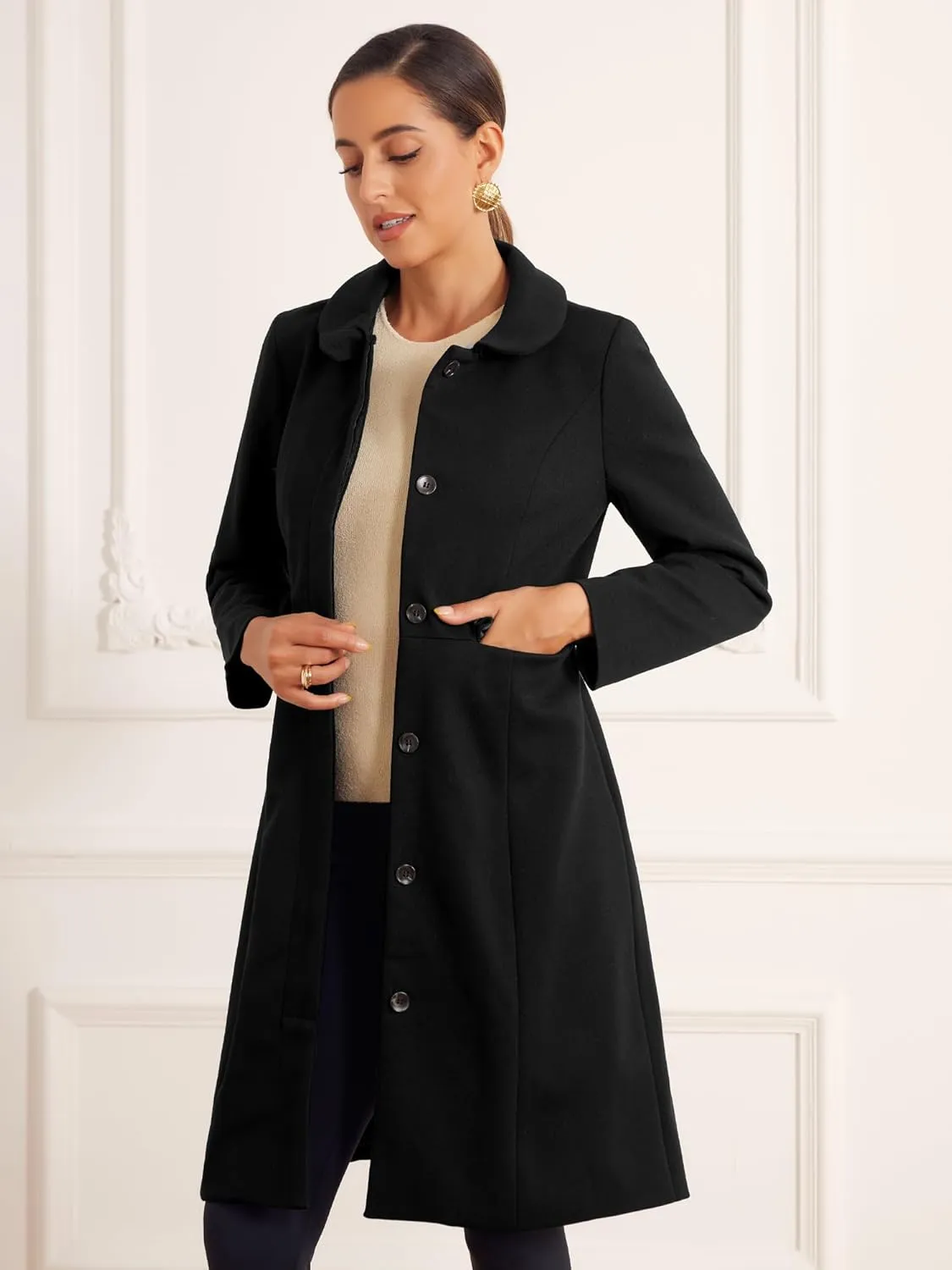 Allegra K Winter Trench Coat for Women's Vintage Peter Pan Collar Single Breasted Long Overcoat Peacoat