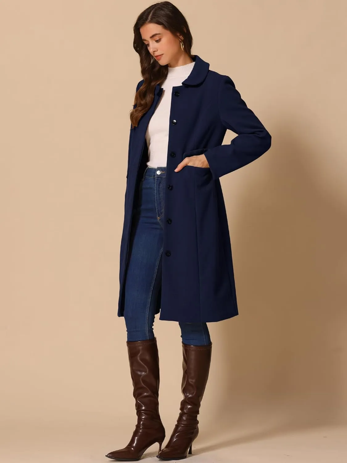 Allegra K Winter Trench Coat for Women's Vintage Peter Pan Collar Single Breasted Long Overcoat Peacoat
