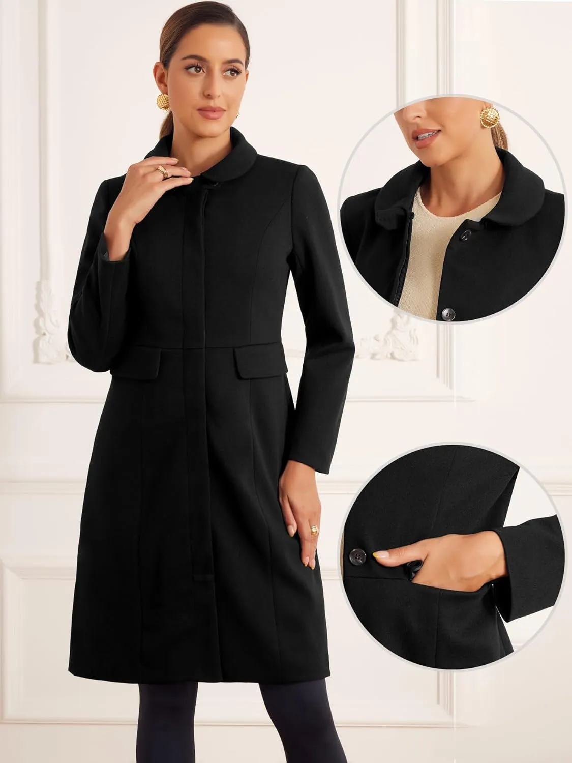 Allegra K Winter Trench Coat for Women's Vintage Peter Pan Collar Single Breasted Long Overcoat Peacoat
