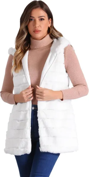 Allegra K Women's Faux Fur Vest Sleeveless Zip Up Hooded Waistcoat Outerwear