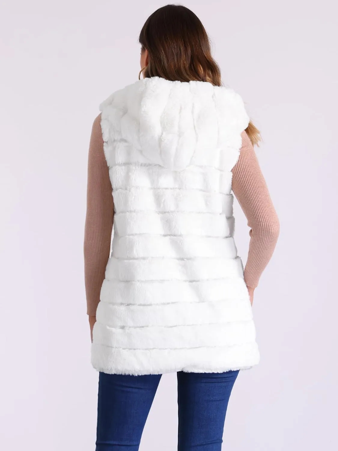 Allegra K Women's Faux Fur Vest Sleeveless Zip Up Hooded Waistcoat Outerwear
