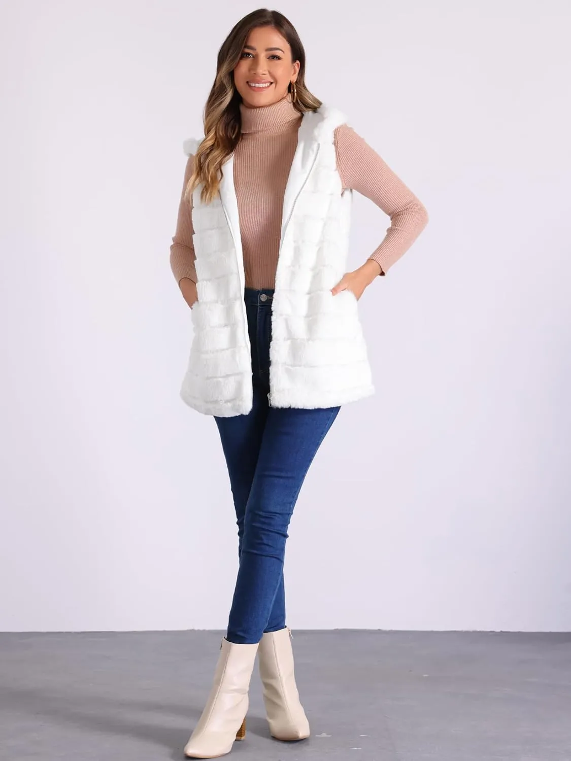 Allegra K Women's Faux Fur Vest Sleeveless Zip Up Hooded Waistcoat Outerwear