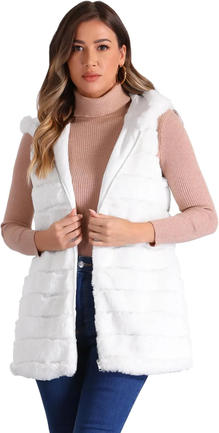 Allegra K Women's Faux Fur Vest Sleeveless Zip Up Hooded Waistcoat Outerwear