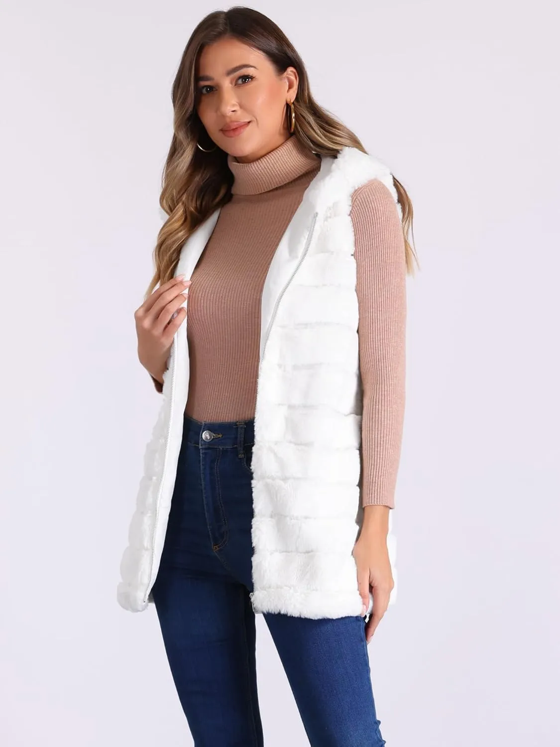 Allegra K Women's Faux Fur Vest Sleeveless Zip Up Hooded Waistcoat Outerwear