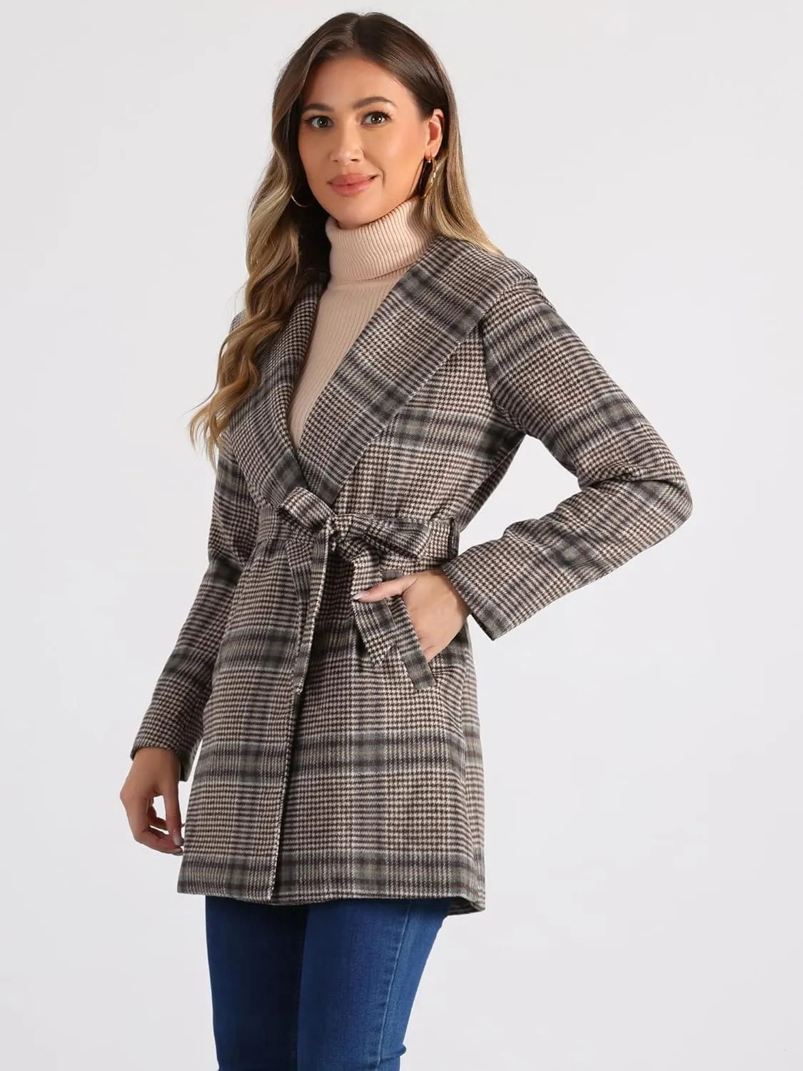 Allegra K Women's Plaid Belted Shawl Collar Tie Waist Wrap Overcoat Fall Winter Coat
