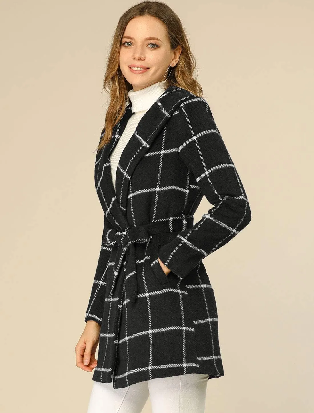 Allegra K Women's Plaid Belted Shawl Collar Tie Waist Wrap Overcoat Fall Winter Coat