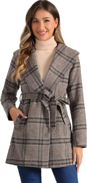 Allegra K Women's Plaid Belted Shawl Collar Tie Waist Wrap Overcoat Fall Winter Coat
