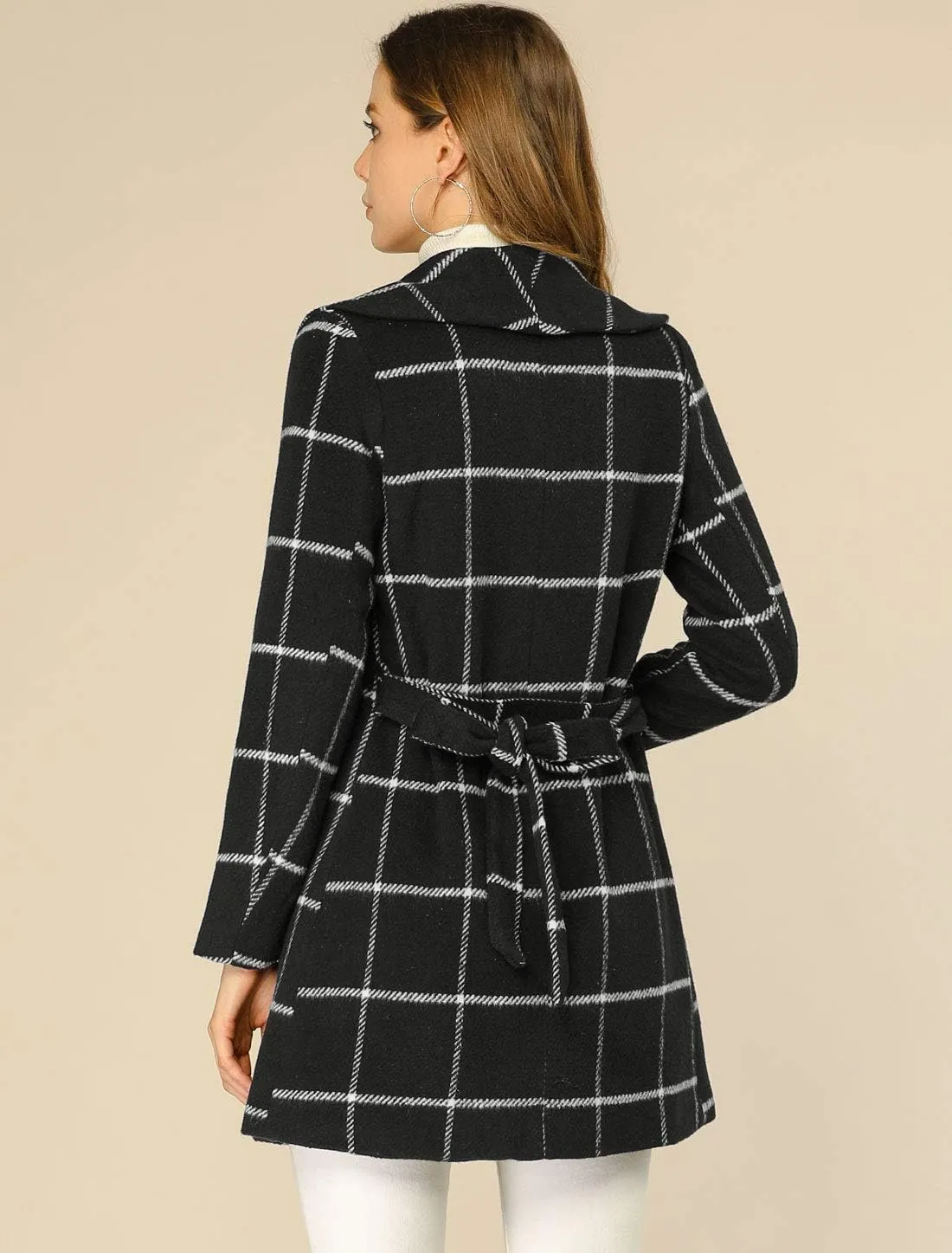Allegra K Women's Plaid Belted Shawl Collar Tie Waist Wrap Overcoat Fall Winter Coat