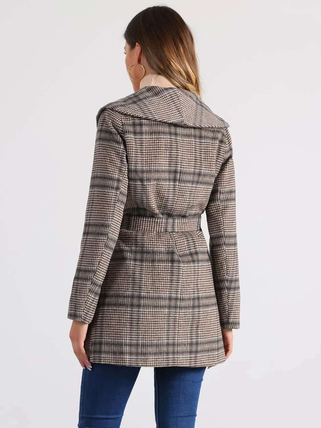 Allegra K Women's Plaid Belted Shawl Collar Tie Waist Wrap Overcoat Fall Winter Coat