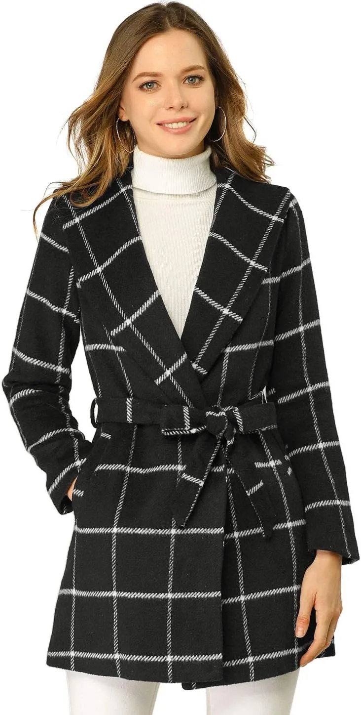 Allegra K Women's Plaid Belted Shawl Collar Tie Waist Wrap Overcoat Fall Winter Coat
