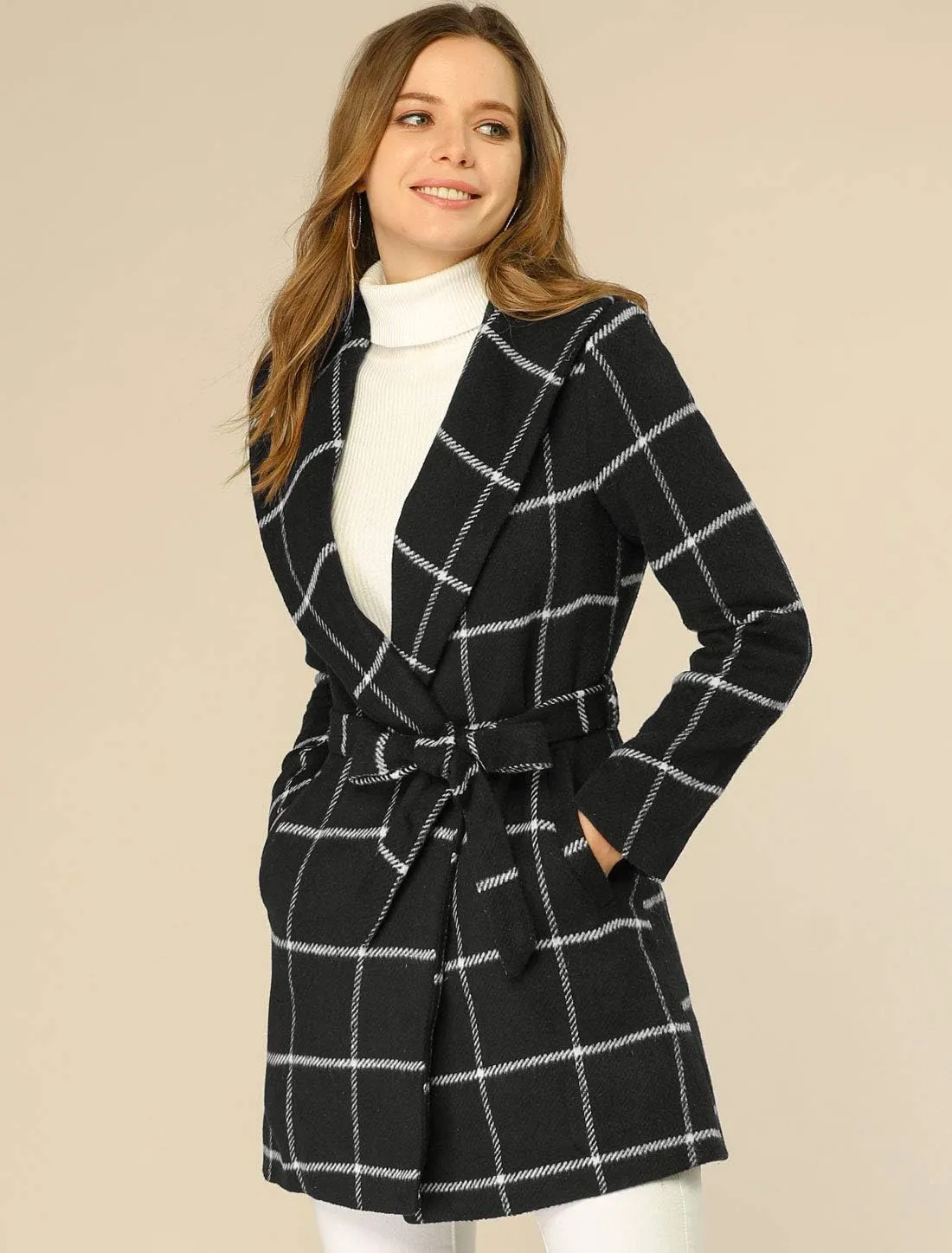 Allegra K Women's Plaid Belted Shawl Collar Tie Waist Wrap Overcoat Fall Winter Coat
