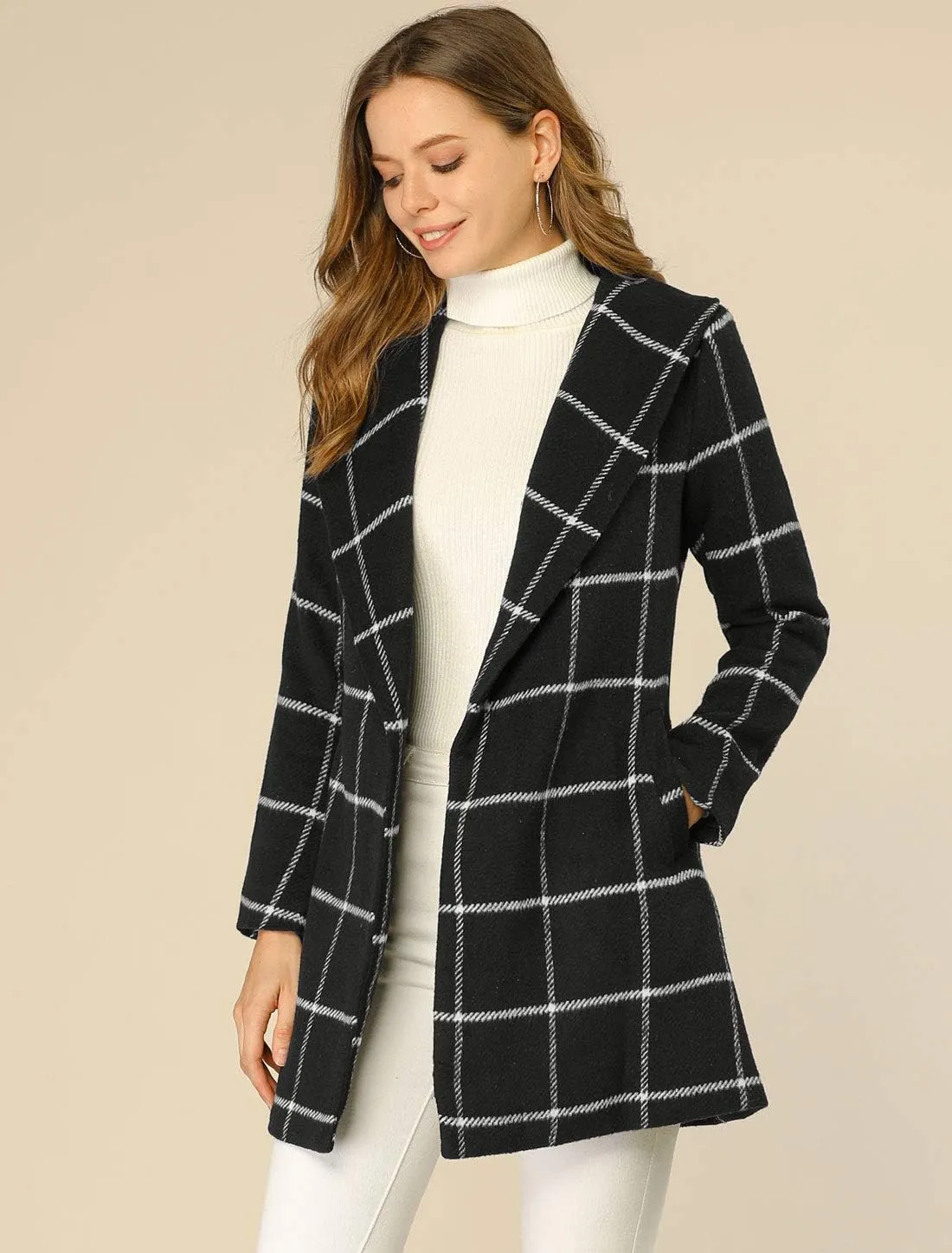 Allegra K Women's Plaid Belted Shawl Collar Tie Waist Wrap Overcoat Fall Winter Coat
