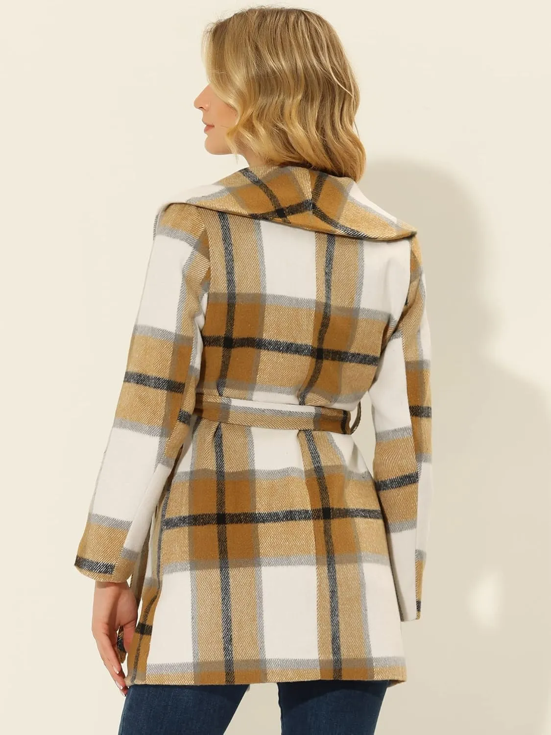 Allegra K Women's Plaid Belted Shawl Collar Tie Waist Wrap Overcoat Fall Winter Coat