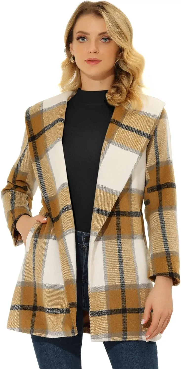 Allegra K Women's Plaid Belted Shawl Collar Tie Waist Wrap Overcoat Fall Winter Coat