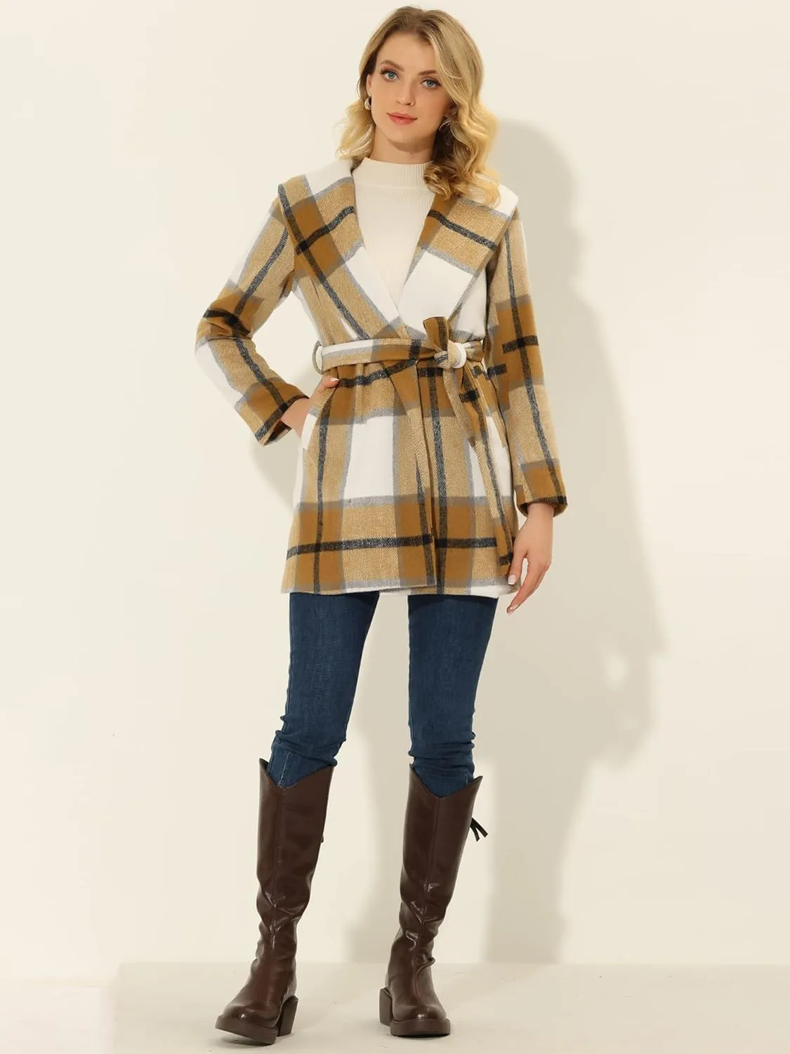 Allegra K Women's Plaid Belted Shawl Collar Tie Waist Wrap Overcoat Fall Winter Coat
