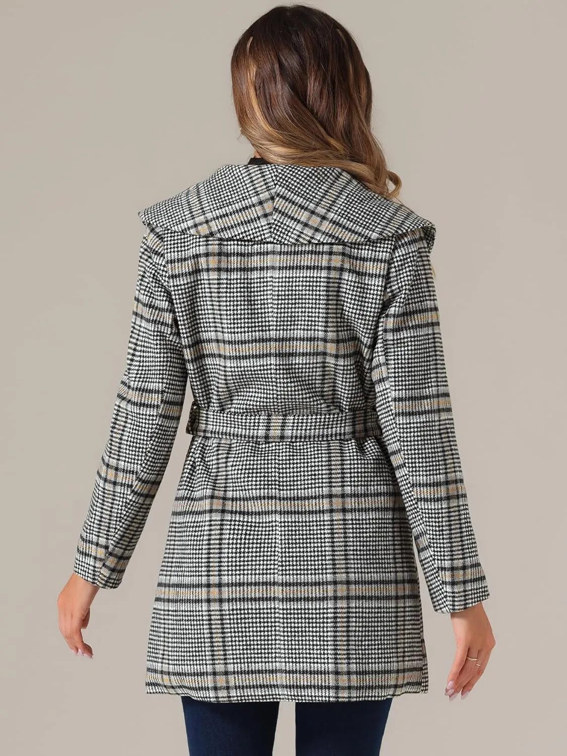 Allegra K Women's Plaid Belted Shawl Collar Tie Waist Wrap Overcoat Fall Winter Coat