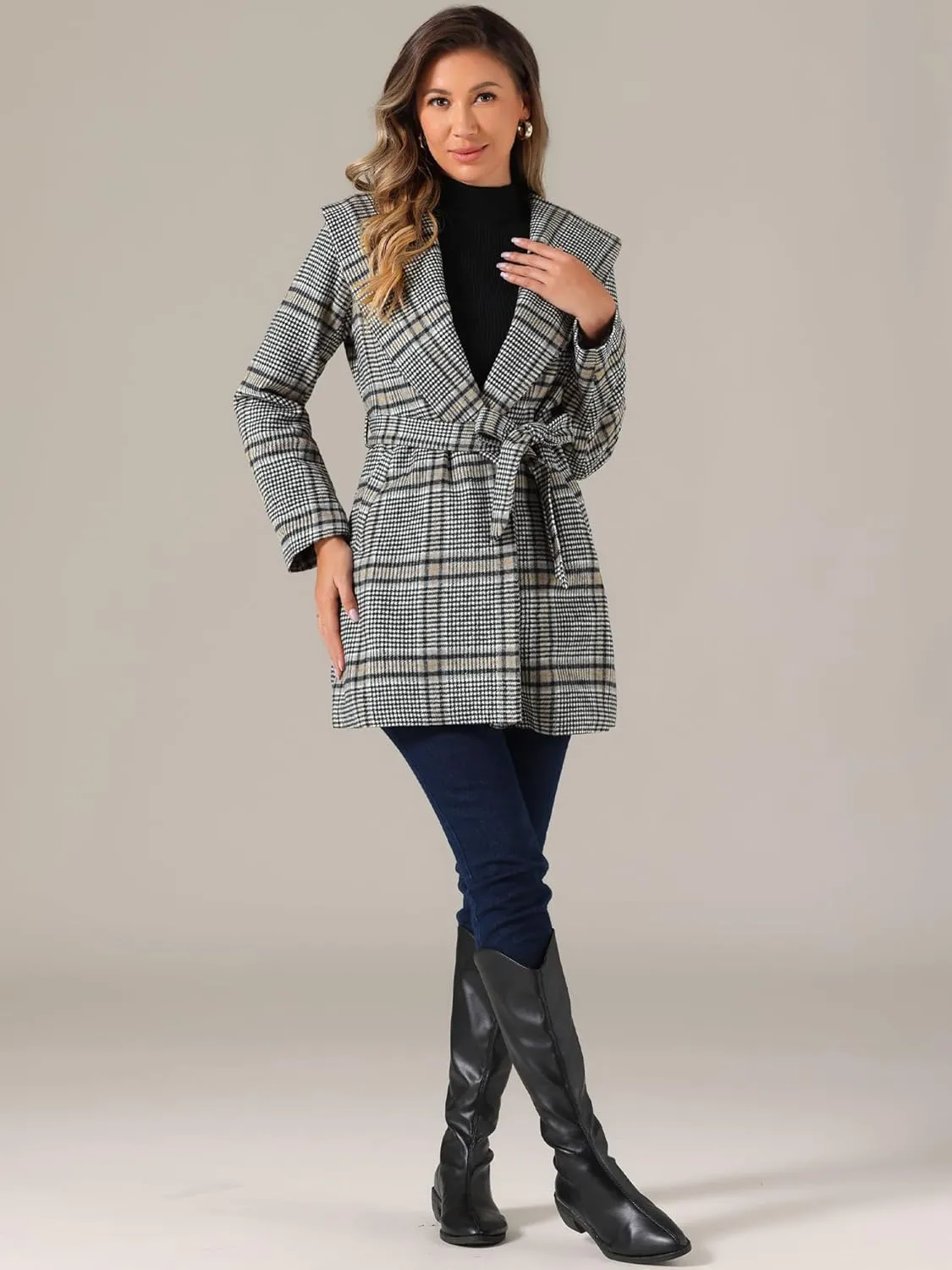 Allegra K Women's Plaid Belted Shawl Collar Tie Waist Wrap Overcoat Fall Winter Coat