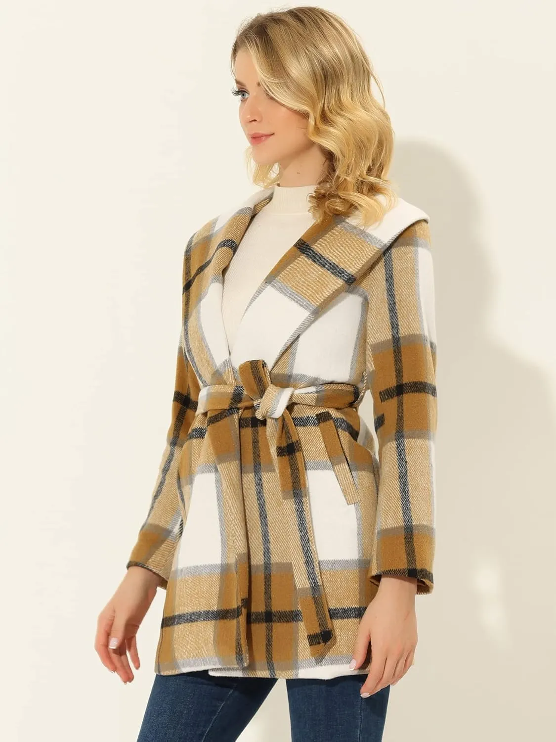Allegra K Women's Plaid Belted Shawl Collar Tie Waist Wrap Overcoat Fall Winter Coat
