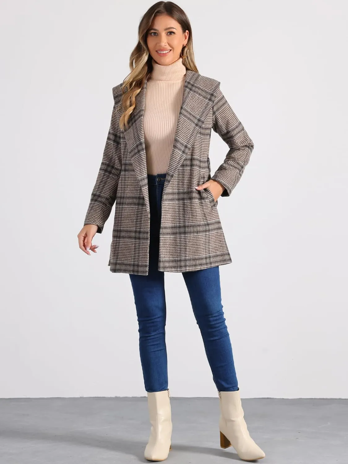 Allegra K Women's Plaid Belted Shawl Collar Tie Waist Wrap Overcoat Fall Winter Coat