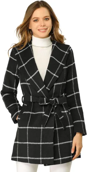Allegra K Women's Plaid Belted Shawl Collar Tie Waist Wrap Overcoat Fall Winter Coat