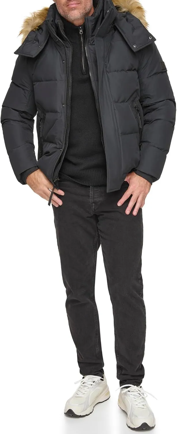 Andrew Marc Men's Short Quilted Inner Bib Attached Umbra Down Bomber with Hybrid Down Fill