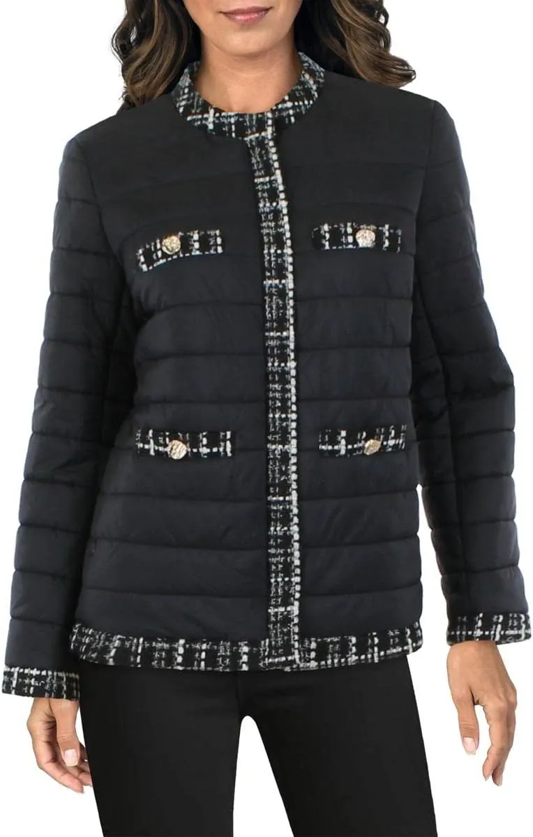 Anne Klein Womens Tweed Trim Outerwear Quilted Coat