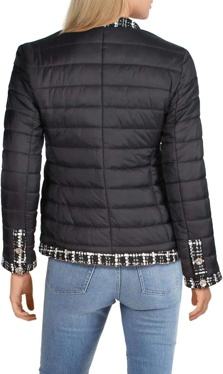 Anne Klein Womens Tweed Trim Outerwear Quilted Coat