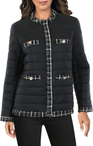 Anne Klein Womens Tweed Trim Outerwear Quilted Coat
