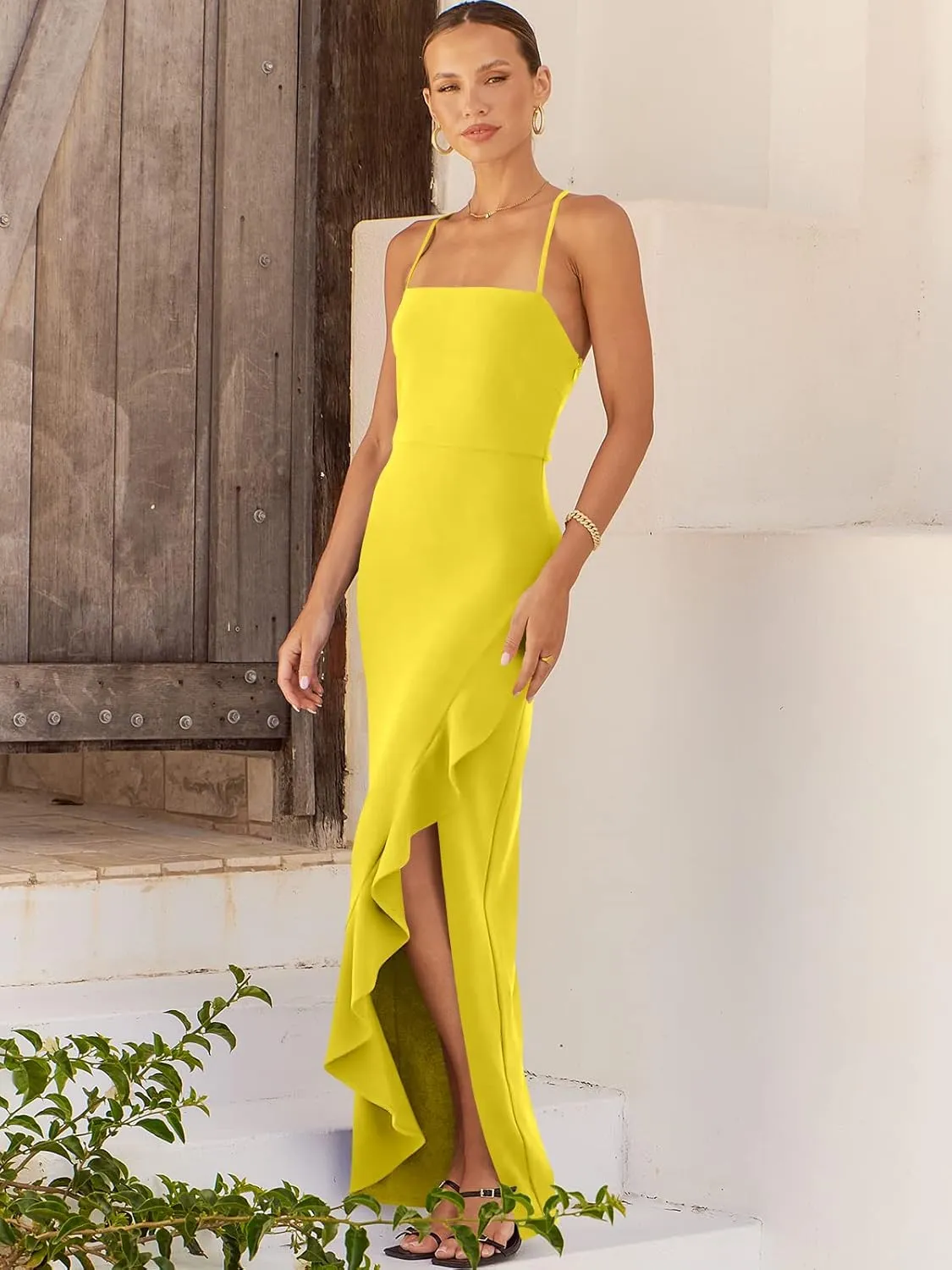 ANRABESS Women Prom Dress 2024 Summer Bodycon Formal Maxi Dresses Ruffle Side Split Cocktail Wedding Guest Date Dress