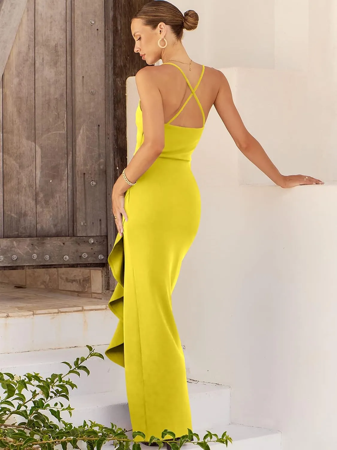ANRABESS Women Prom Dress 2024 Summer Bodycon Formal Maxi Dresses Ruffle Side Split Cocktail Wedding Guest Date Dress