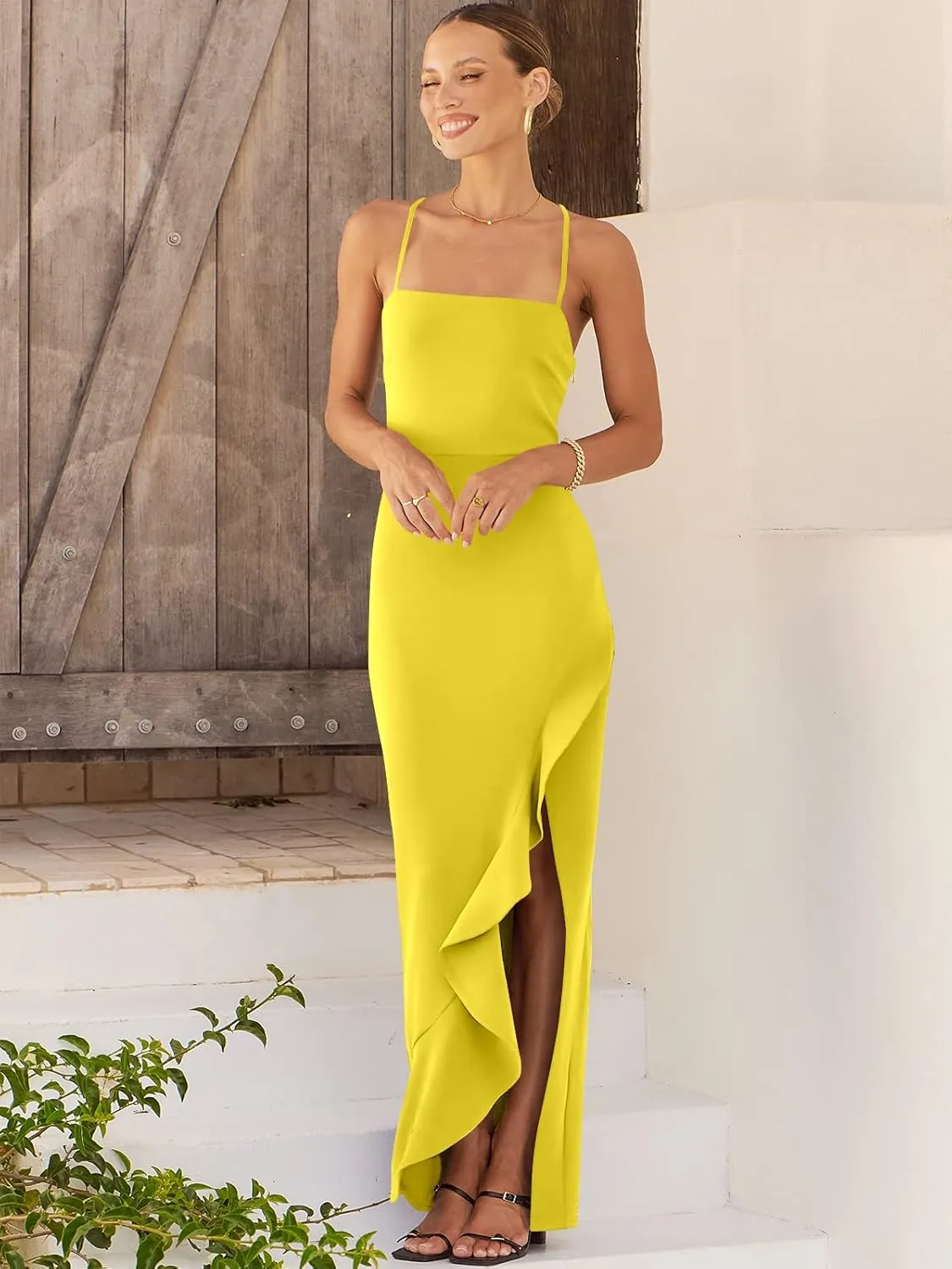 ANRABESS Women Prom Dress 2024 Summer Bodycon Formal Maxi Dresses Ruffle Side Split Cocktail Wedding Guest Date Dress