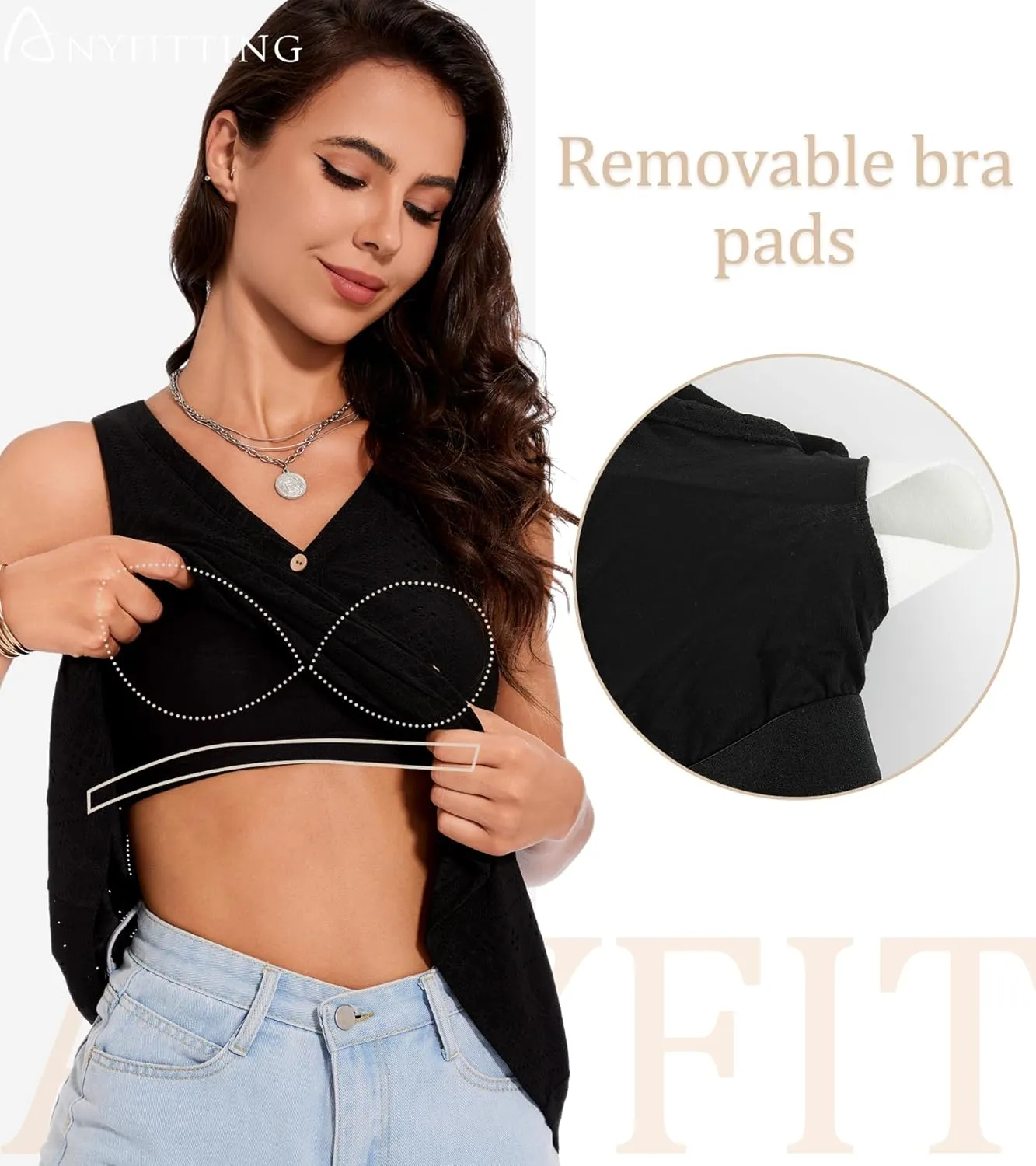 ANYFITTING Women's Built in Bra Tank Top 2025 Summer Trendy Tops Flowy Loose Fit Casual Halter Cami Camisole Outfits S-3XL