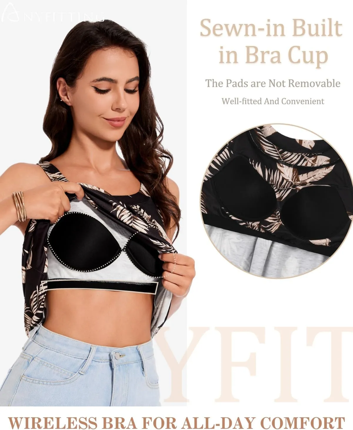 ANYFITTING Women's Built in Bra Tank Top 2025 Summer Trendy Tops Flowy Loose Fit Casual Halter Cami Camisole Outfits S-3XL
