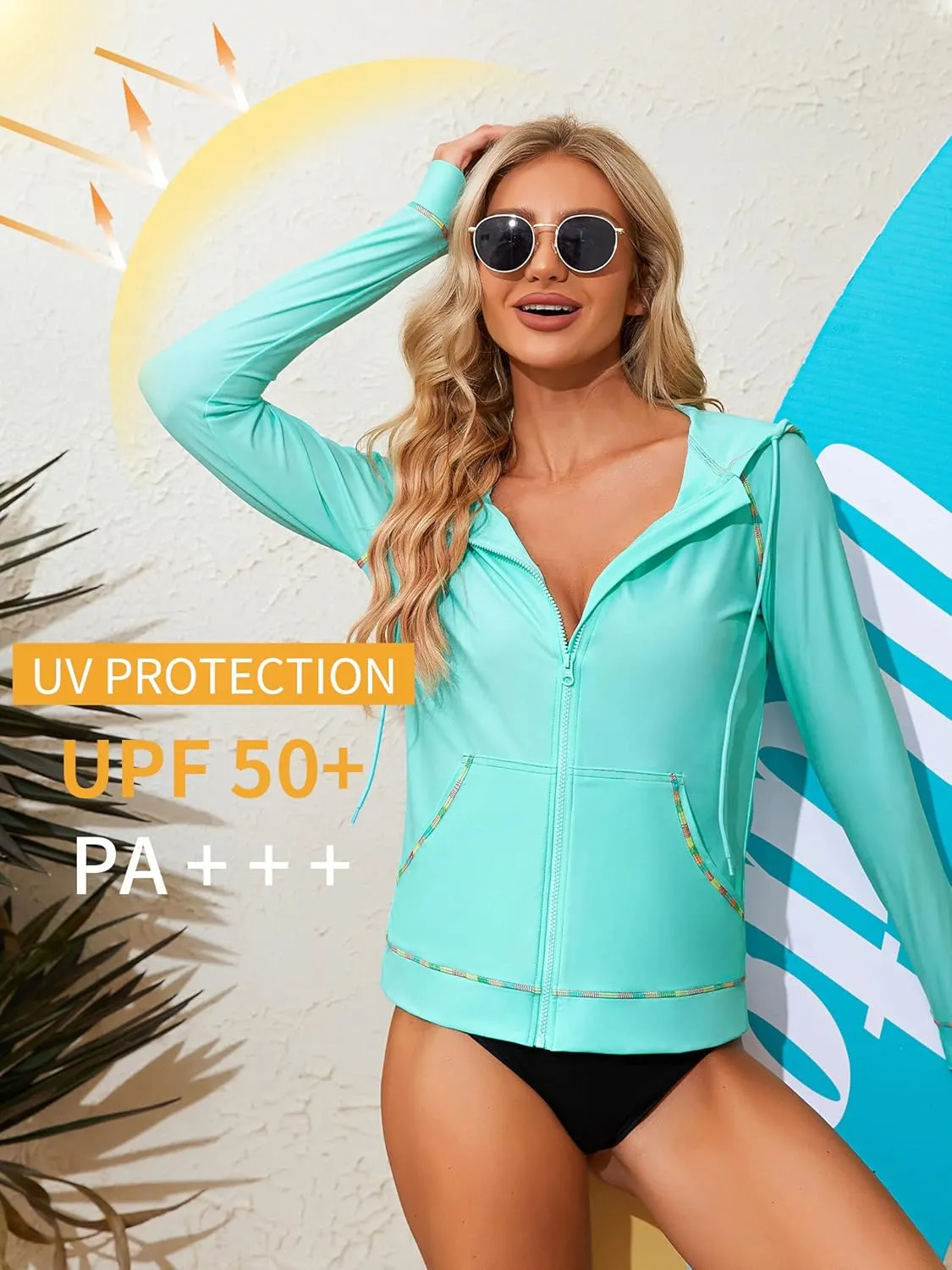 ATTRACO Long Sleeve Rash Guard Shirts for Women Full Zip Jackets Sun Protection Surfing Swimsuit