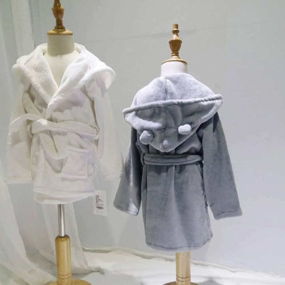 Baby Robe Baby Solid Bathrobe Cotton Plush Hooded Bath Robe Towel Robe Pajamas Dressing Gown for Wedding Spa Robes (Grey, 12-18 Months)