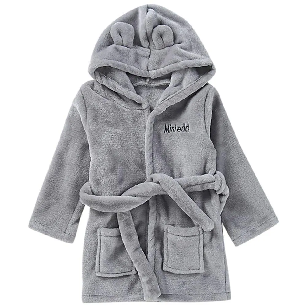 Baby Robe Baby Solid Bathrobe Cotton Plush Hooded Bath Robe Towel Robe Pajamas Dressing Gown for Wedding Spa Robes (Grey, 12-18 Months)