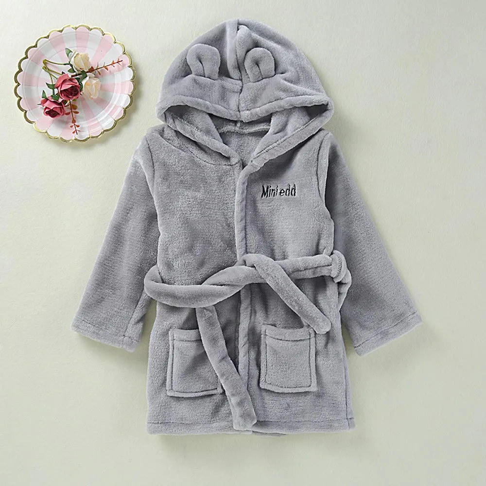 Baby Robe Baby Solid Bathrobe Cotton Plush Hooded Bath Robe Towel Robe Pajamas Dressing Gown for Wedding Spa Robes (Grey, 12-18 Months)