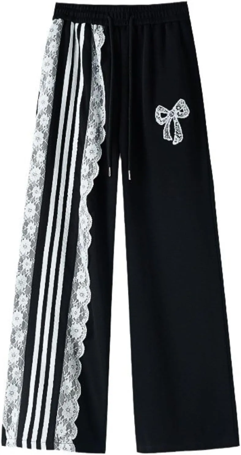 Baggy Sweatpants for Women Girls Bow Sweatpants Drawstring High Waisted Wide Leg Cute Pants Casual Clothing