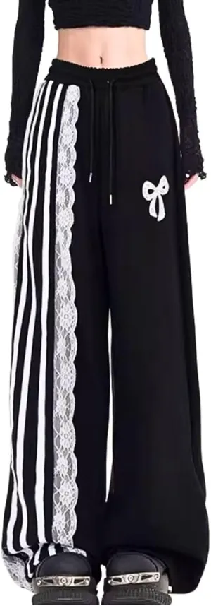 Baggy Sweatpants for Women Girls Bow Sweatpants Drawstring High Waisted Wide Leg Cute Pants Casual Clothing