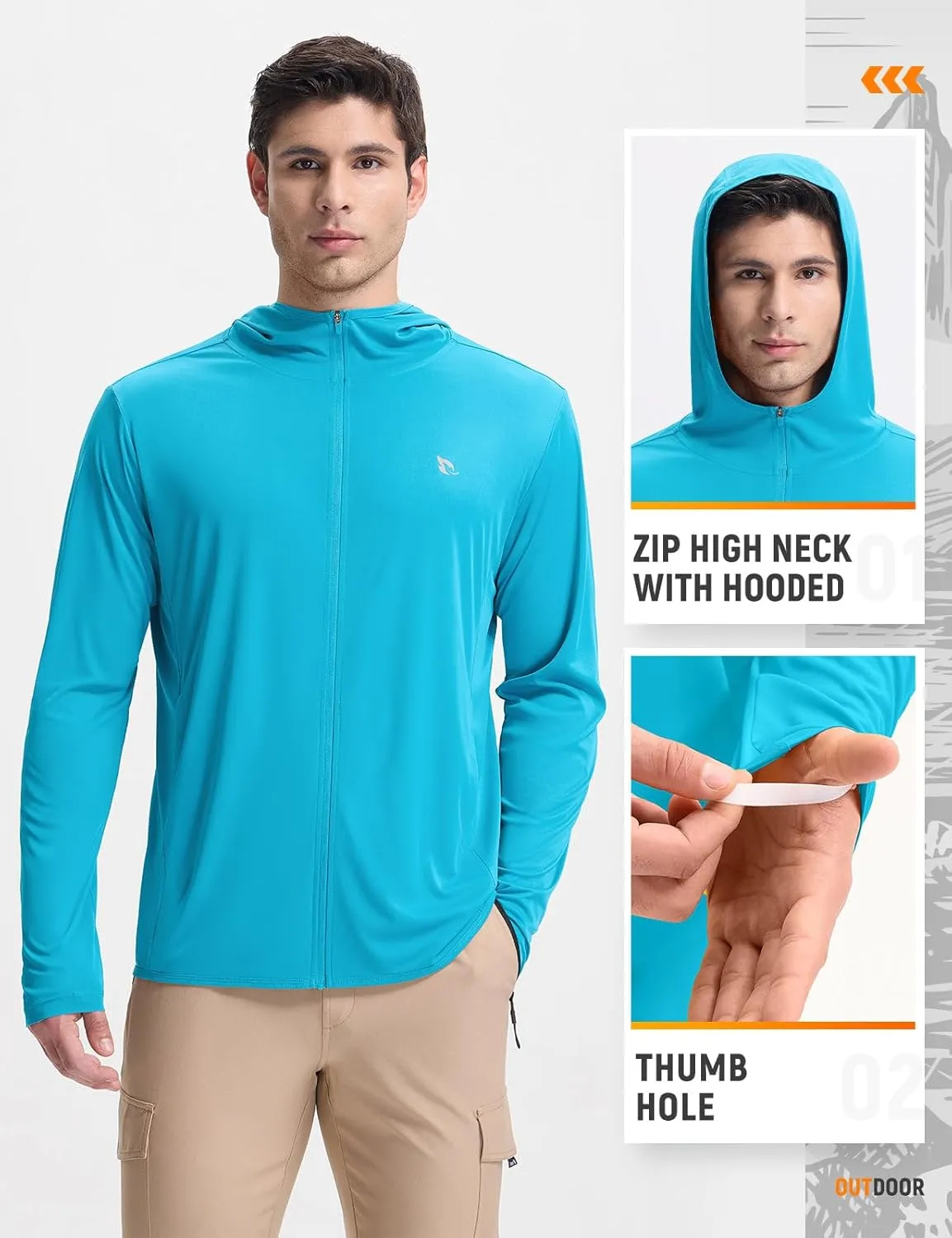 baleaf Men's UPF 50  Sun Protection Hoodie Full Zip Jacket Lightweight Long Sleeve Cooling Shirts Pockets Hiking Fishing